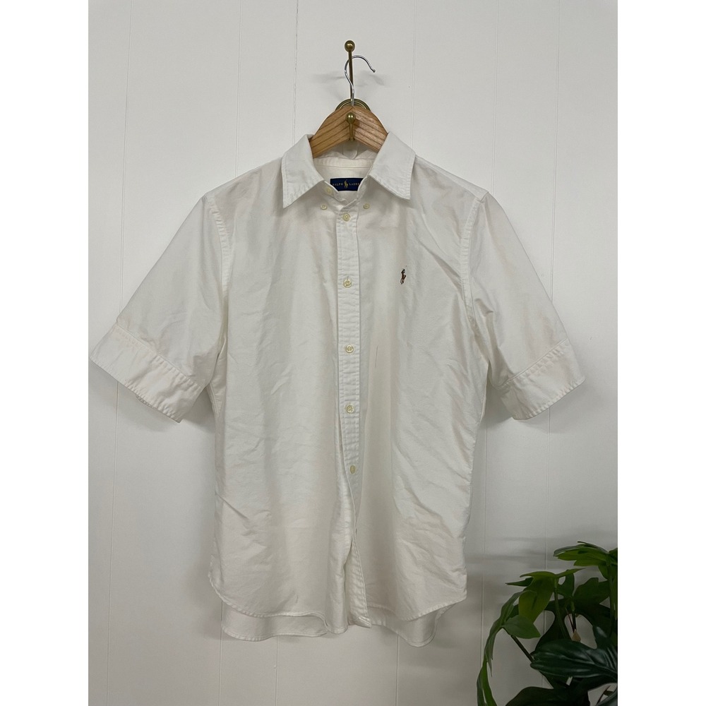 Ralph Lauren Womens XL White Short Sleeve Oxford Button Down Shirt Pony Logo